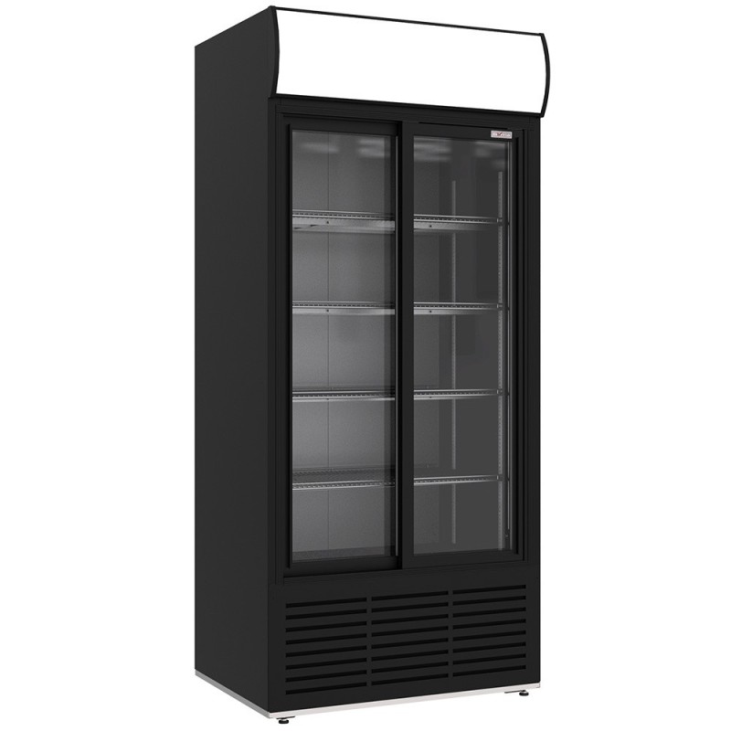 Vitrine ventilée positive 783 litres 2 portes coulissantes avec caisson lumineux NOIRE