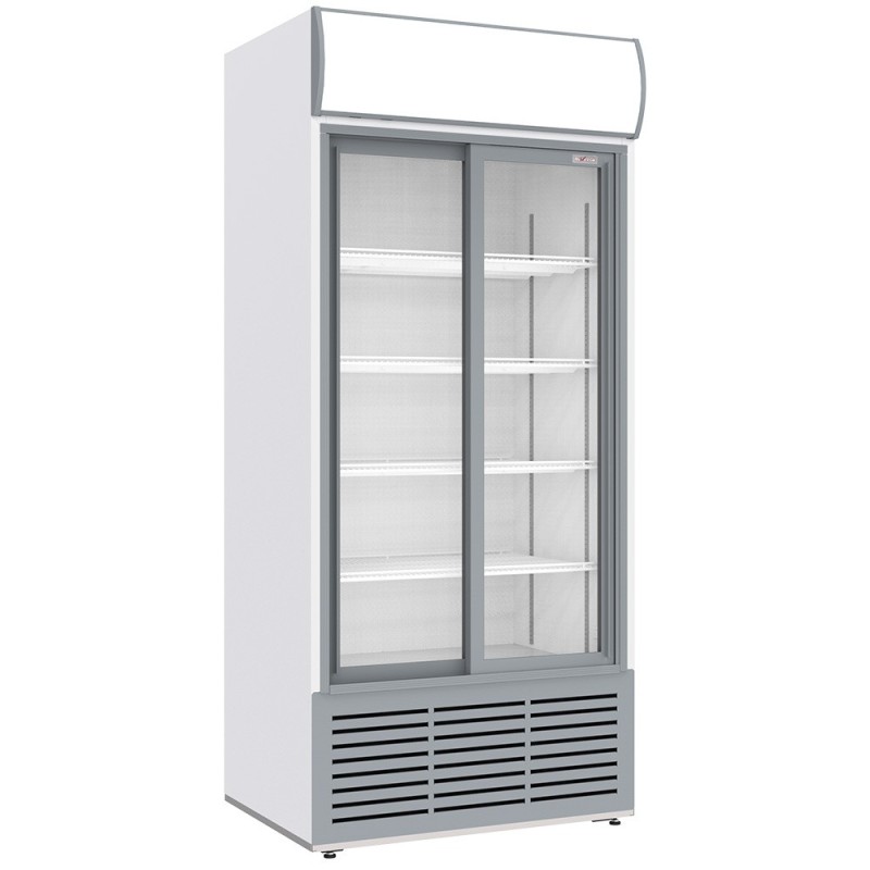 Vitrine ventilée positive 783 litres 2 portes coulissantes avec caisson lumineux BLANCHE