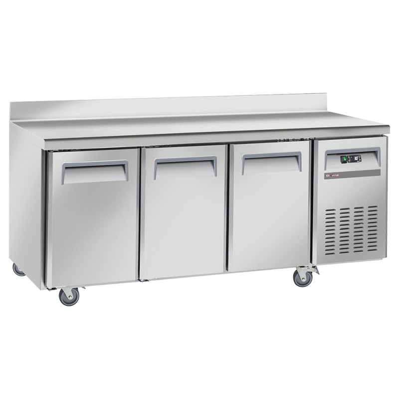 Table frigorifique ventilé 3 portes GN 1/1 avec dosseret sur roues 2 avec freins