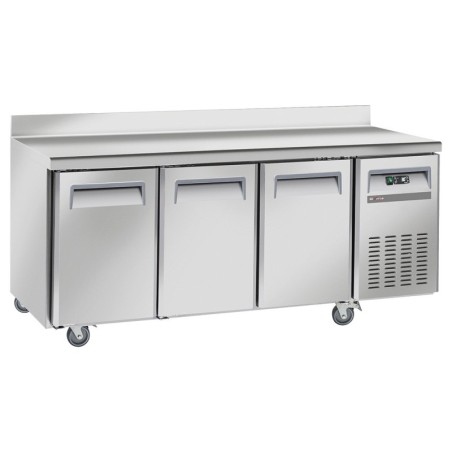 Table frigorifique ventilé 3 portes GN 1/1 avec dosseret sur roues 2 avec freins