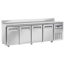 Table frigorifique ventilé 4 portes GN 1/1 avec dosseret sur roues 2 avec freins