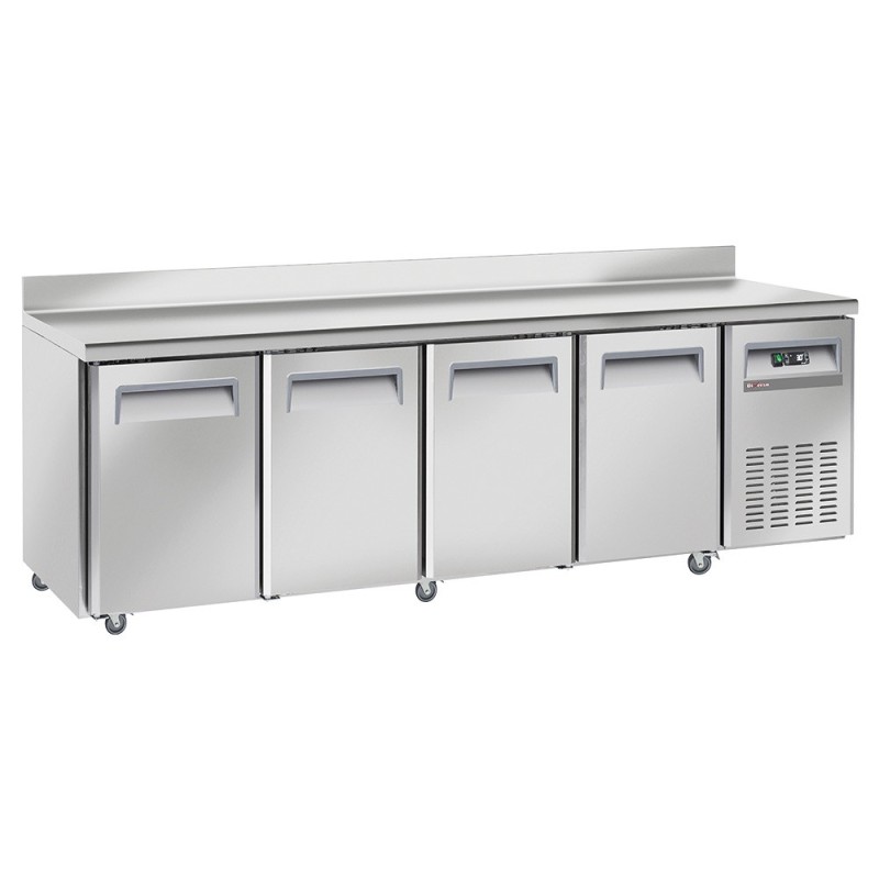 Table frigorifique ventilé 4 portes GN 1/1 avec dosseret sur roues 2 avec freins