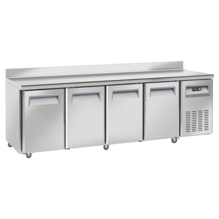 Table frigorifique ventilé 4 portes GN 1/1 avec dosseret sur roues 2 avec freins