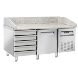 Table frigo pizzeria 1 porte EN 600x400 5 tiroirs neutres EN 600x400 sur roues 2 avec freins