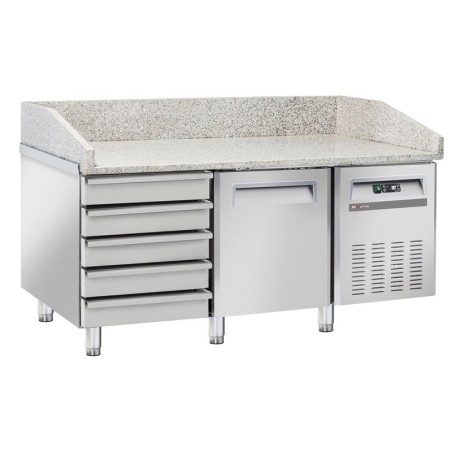Table frigo pizzeria 1 porte EN 600x400 5 tiroirs neutres EN 600x400 sur roues 2 avec freins