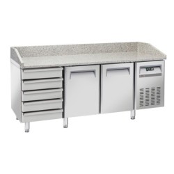 Table frigo pizzeria 2 portes EN 600x400 5 tiroirs neutres EN 600x400 sur roues 2 avec freins