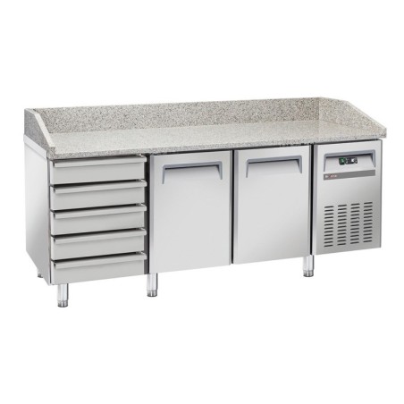 Table frigo pizzeria 2 portes EN 600x400 5 tiroirs neutres EN 600x400 sur roues 2 avec freins